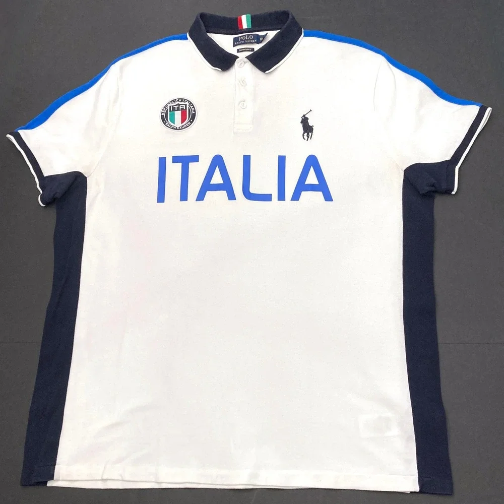 Polo Ralph Lauren Italia Shirt Mens 2XL Blue Big Pony Shirt Italy Cotton White